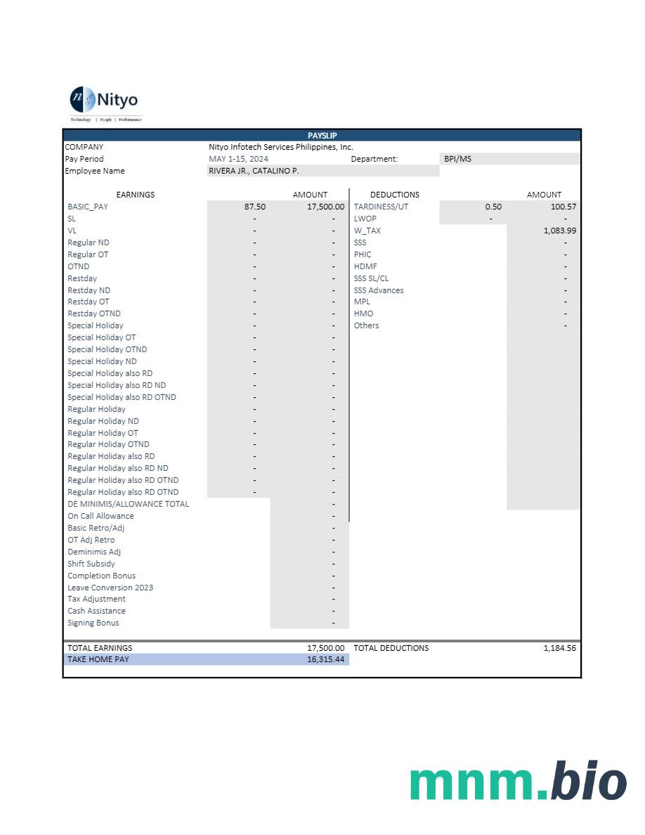 Nityo Infotech Services Filipiny payslip szablon w formatach Word i PDF